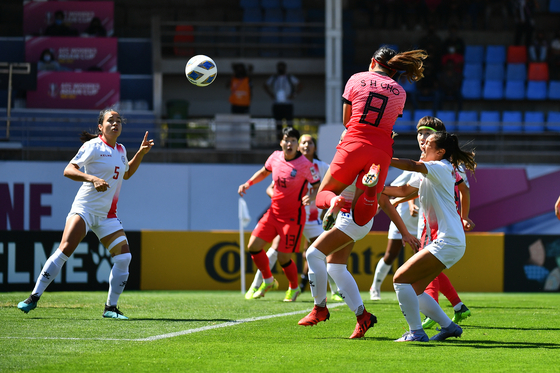 Cho So-hyun celebrates scoring Korea’s first goal against the Philippines in the semifinal of the Women’s Asian Cup at Shree Shiv Chhatrapati Sports Complex in Pune, India on Thursday. [AFC]