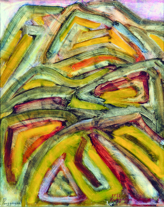 ″Vein of Mudeungsan″(1983) by Kang Yong-un is part of the exhibition “Seeking ’Eidos:' Korean Abstract Painters 7” at Hakgojae Gallery in central Seoul. [HAKGOJAE GALLERY]