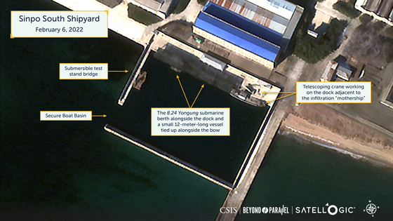A Feb. 6 satellite photo of the secure boat basin at the Sinpo South Shipyard analysed by Beyond Parallel that shows the recently moved infiltration mother ship and other changes at the site in North Korea's South Hamgyong Province. [CSIS]