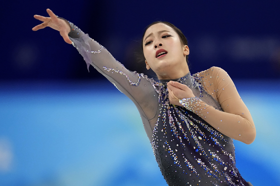 You Young competes in the women's figure skating short program at the 2022 Winter Olympics on Tuesday at Capital Indoor Stadium in Beijing. [AP/YONHAP] 