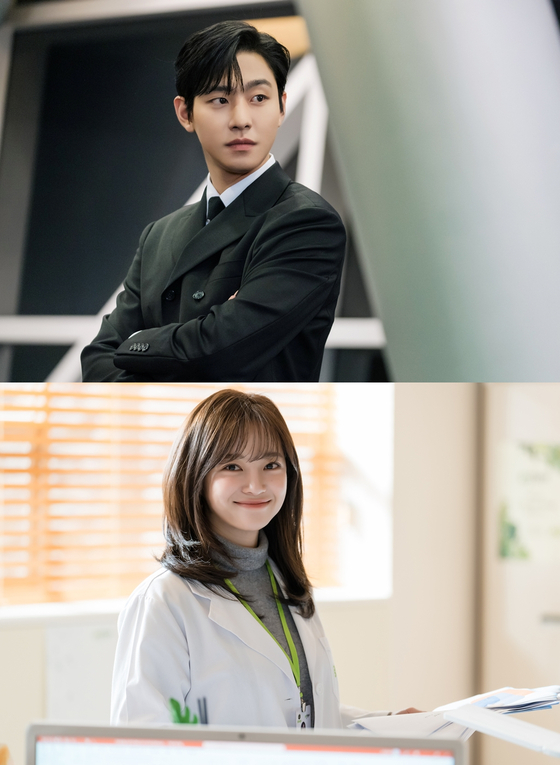 Kim, above, takes on two personas for SBS drama series "A Business Proposal" where she poses as a femme fatale blind date who captures the interest of a handsome CEO Kang Tae-moo (played by Ahn Hyo-seop), at the top, and as one of his employees who is afraid her identity will be revealed. [SBS]