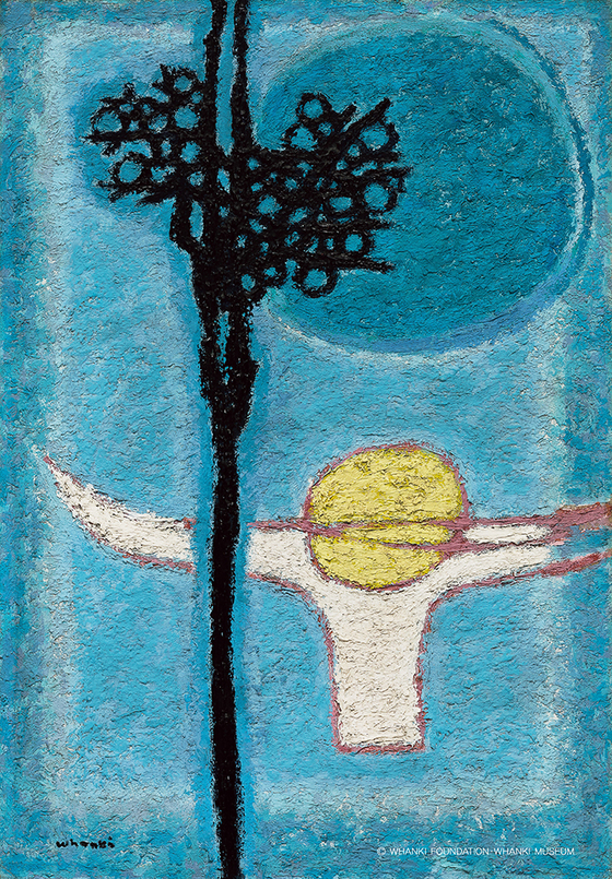An oil painting by Korean modern art master Kim Whanki (1913-74) titled “Plum Blossom, Moon and White Porcelain”(1950s) sold at the second highest bid of 860 million won at Seoul Auction's first major sale for 2022 on Feb. 22. [SEOUL AUCTION] 