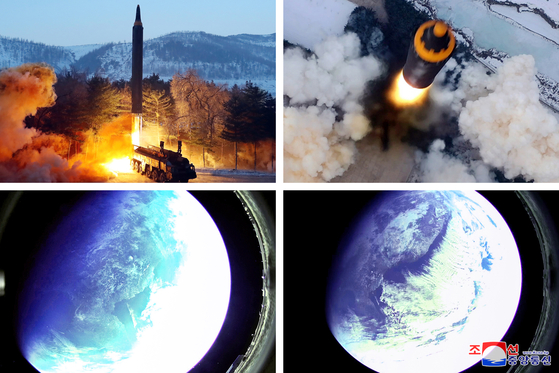 North Korea test-fired an intermediate-range ballistic missile (IRBM), Hwasong-12, on Jan. 30 as shown in photos released by the official Korean Central News Agency (KCNA) a day later. The photos show the missile launched from a transporter erector launcher (TEL) and images taken by a camera on the missile warhead from space. [KCNA]