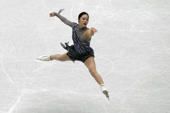 You Young performs a split jump in the women short program at the ISU Figure Skating World Championships in Montpellier, France on Wednesday. [AP/YONHAP]