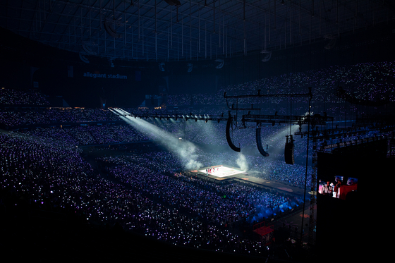 BTS performs at the Allegiant Stadium in Las Vegas on April 9. [HYBE]