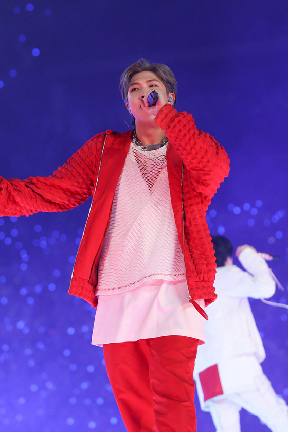 RM, the leader of BTS, performs during the boy band’s concert at Allegiant Stadium in Las Vegas on April 9. [HYBE]