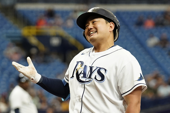 Tampa Bay Rays' Choi Ji-man reacts after being called out on strikes on a pitch from Baltimore Orioles' Jordan Lyles during a game on Saturday in St. Petersburg, Florida. [AP/YONHAP]