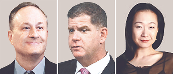 From left: U.S. Second Gentleman Douglas Emhoff, Secretary of Labor Marty Walsh, "Pachinko" author Min Jin Lee