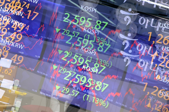 A screen in Hana Bank's trading room in central Seoul shows stock prices. [NEWS1]