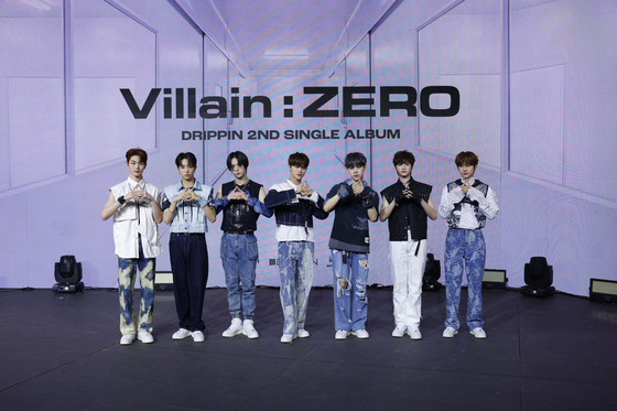 Boy band Drippin poses during a showcase event on Wednesday to promote its latest EP ″Villain: ZERO″ at the Blue Square Hall in central Seoul. [WOOLLIM ENTERTAINMENT]