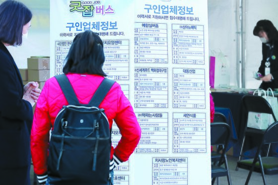 A woman seeking a job is checking information on job openings at a job fair in Dong District, Daegu, in November 2020. [NEWS1]