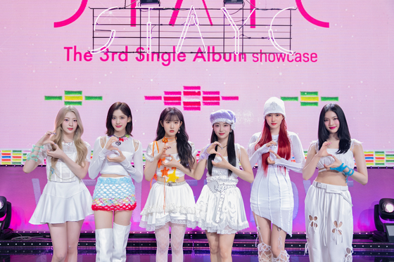 STAYC poses during a showcase event for its new EP "We Need Love" on Tuesday at Yes24 Live Hall in Gwangjin District, eastern Seoul. [HIGH UP ENTERTAINMENT]