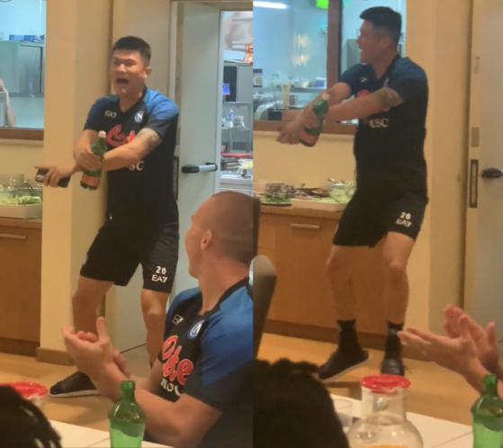Kim Min-jae performs Psy's ″Gangnam Style″ for his teammates at the club's training camp in Castel di Sangro, Italy on Wednesday in a video uploaded to the official Napoli Twitter page. [SCREEN CAPTURE]