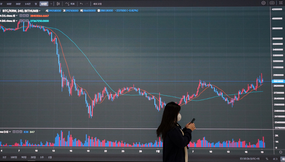 An electronic display shows the falling price of a cryptocurrency at an exchange in Seoul on July 19. [NEWS1]