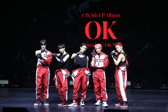 Boy band CIX poses during Monday's showcase for its fifth EP “’OK' Episode 1 : OK Not," which dropped the same day, at Yonsei University’s Centennial Hall in western Seoul. [C9 ENTERTAINMENT] 