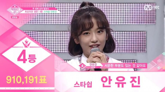 An Yu-jin in footage from Mnet's 2018 K-pop survival program "Produce 48" [SCREEN CAPTURE OF MNET'S PRODUCE 48]