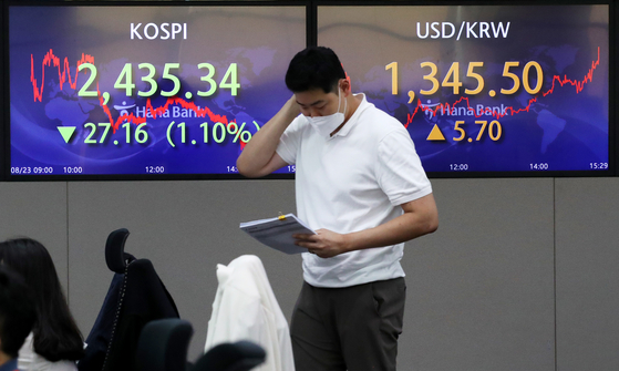 Electronic display boards at Hana Bank in central Seoul show Tuesday markets. [NEWS1]