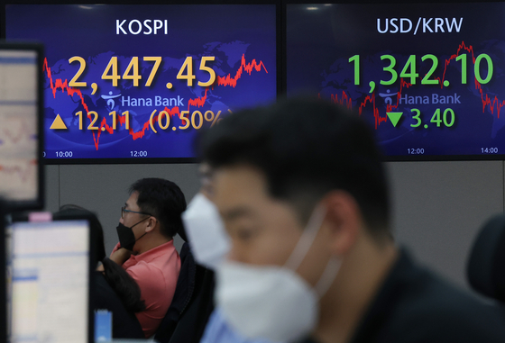A screen in Hana Bank's trading room in central Seoul shows the Kospi closing at 2,447.45 points on Wednesday, up 12.11 points, or 0.5 percent, from the previous trading day. [NEWS1]
