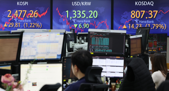 A screen in Hana Bank's trading room in central Seoul shows the closing figures of the Kospi, currency and Kosdaq on Aug. 25. [YONHAP]