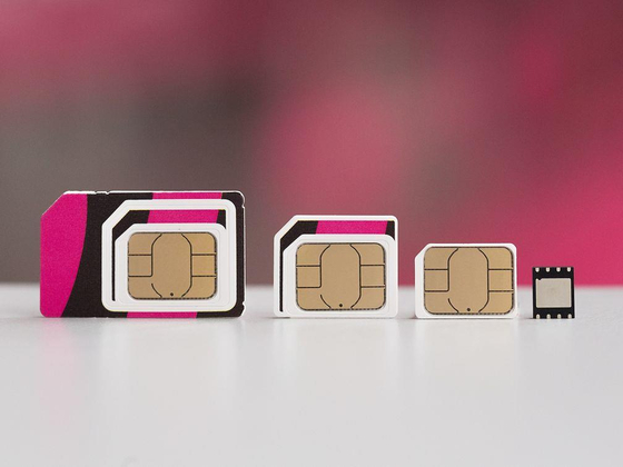 From left, a mini SIM card, a micro SIM card, a nano SIM card and a chip that allows users to download an eSIM. [YONHAP]