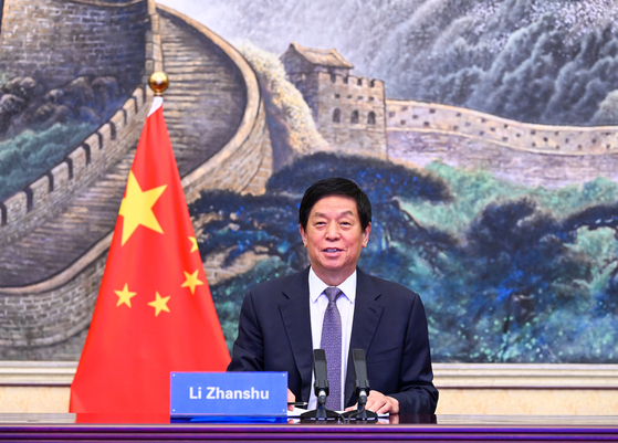 Li Zhanshu, chairman of the Chinese National People's Congress Standing Committee, at the Great Hall of the People in Beijing China, on Aug. 17. He is expected to visit Seoul later this month. [XINHUA/YONHAP]