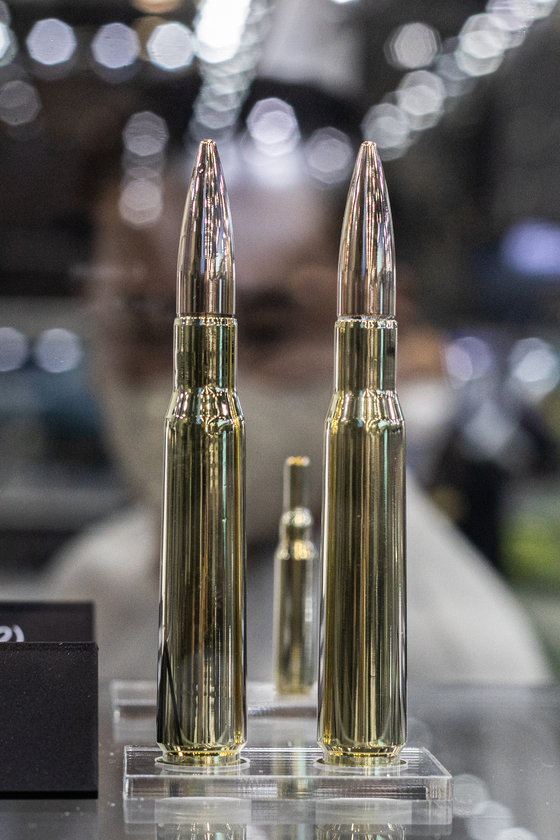 Bullets are exhibited at the Defense Expo Korea 2022, the biggest military weapon exhibition in the country, held at Kintex in Goyang, Gyeonggi, on Thursday. This year, a total of 40 countries and 350 companies are participating in the expo, which will run through Sunday. [YONHAP] 