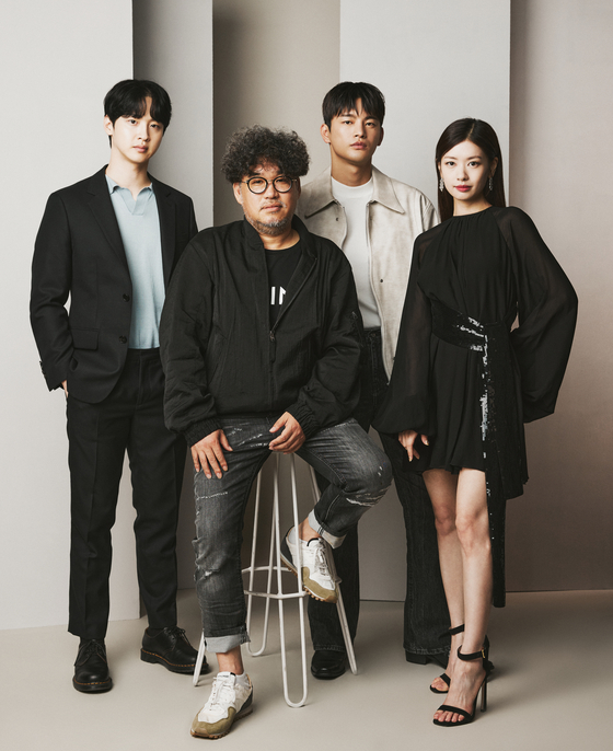 From left, actor Jang Dong-yoon, director Kim Hong-sun and actors Seo In-guk and Jeong So-min of the new action horror movie "Project Wolf Hunting" [CONTENTS ON]   