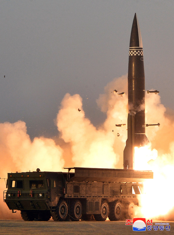 A tactical guided missile fired by North Korea in March 2021 [YONHAP]