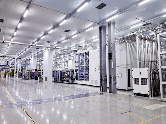 The Hanwha Solutions solar cell production plant in Jincheon, North Chungcheong, Wednesday. [SHIN HA-NEE]