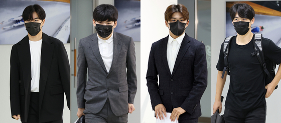 From left to right: Kim Min-seok, Chung Jae-won, Chung Jae-woong and Jeong Seon-kyo make their way to a disciplinary hearing at the Olympic Velodrome in Songpa, southern Seoul on Aug 8. [YONHAP] 