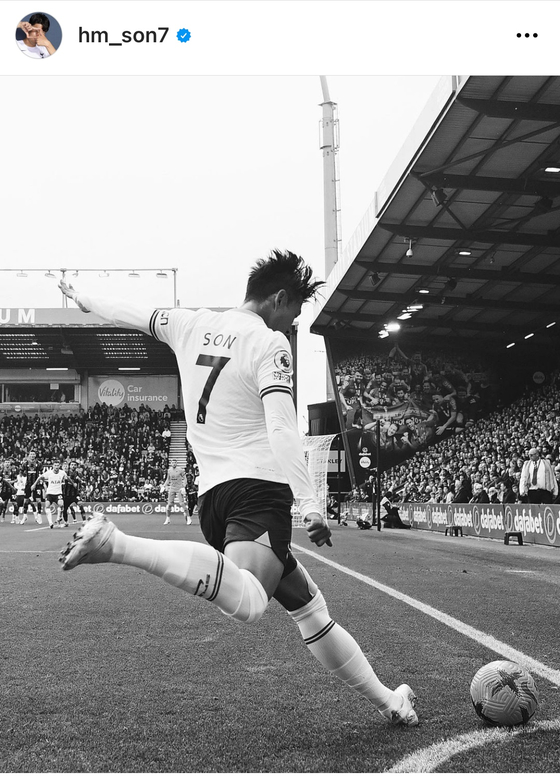 Tottenham Hotspur's Son Heung-min kicks the ball in an image posted on his personal Instagram page on Saturday. In the post, Son paid tribute to the people that died in Seoul's Itaewon neighborhood on Saturday night.  [SCREEN CAPTURE]
