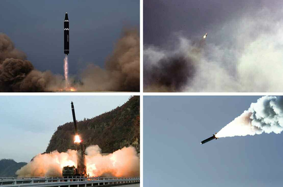 The North Korean military conducts missile launches in drills held from Wednesday to Saturday in photos released by its official Rodong Sinmun on Monday. State media claimed that the “military operations” were in response to Seoul and Washington’s Vigilant Storm aerial exercise last month. [RODONG SINMUN] 