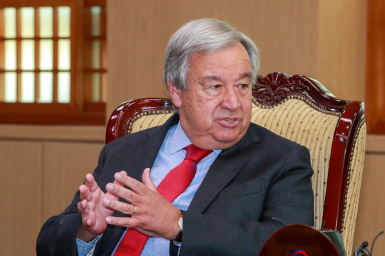 UN Secretary-General Antonio Guterres speaks during his meeting with South Korean Foreign Minister Park Jin in Seoul on Aug. 12. [YONHAP] 