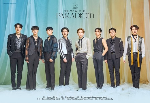 A track list image for Ateez's third Japanese mini album "The World Ep. Paradigm." [KQ ENTERTAINMENT]