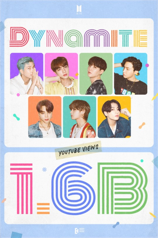 A celebratory image for BTS's song "Dynamite" reacing 1.6 billion views on YouTube. [BIG HIT MUSIC]