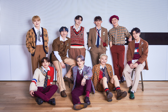 TO1 poses during a press interview for its latest EP ″UP2U″ at agency Wakeone’s headquarters in Mapo District, western Seoul, on Friday. [WAKEONE]