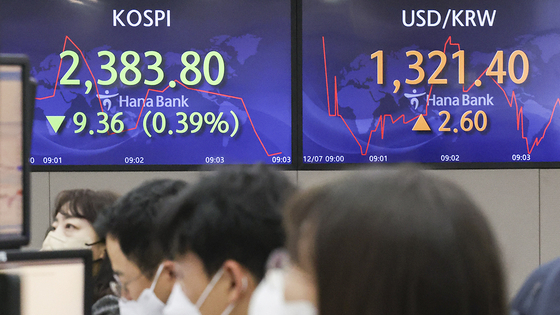 Electronic display boards at Hana Bank in central Seoul show stock and foreign exchange markets on Wednesday morning. [YONHAP]