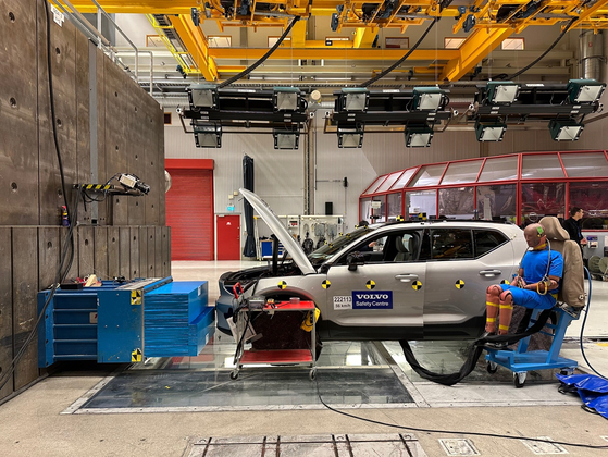 An XC40 SUV is waiting for a crash test at Volvo Cars Safety Centre. [SARAH CHEA]