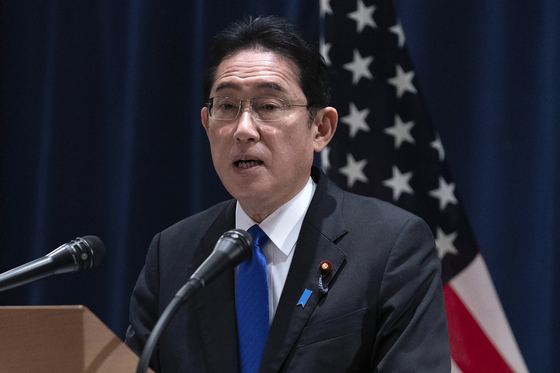 Japanese Prime Minister Fumio Kishida speaks during a press conference in Washington D.C., on Saturday [AP/YONHAP] 