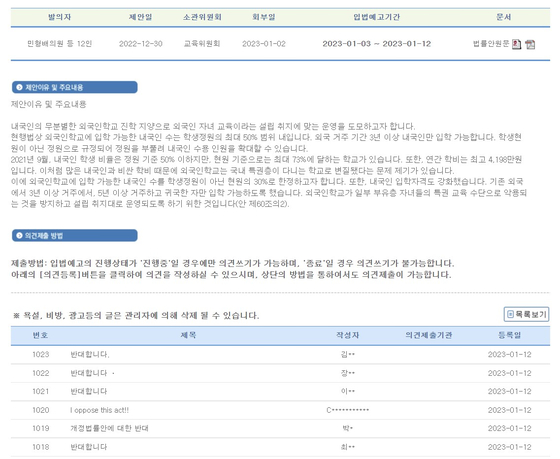 A bill that would reduce the enrolment of students with Korean nationality at foreign schools has attracted over 1,000 comments in opposition since it was posted to the National Assembly's bulletin for public review on Jan. 3. [SCREEN CAPTURE]