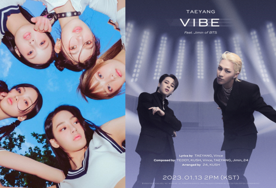 Girl group NewJjeans, left, and Taeyang of Big Bang and Jimin of BTS [ADOR, THE BLACK LABEL]