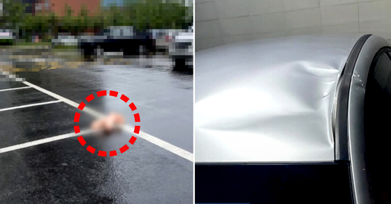 Left, a sex doll fell from an apartment in Incheon in July last year. Right, the sex doll damaged a K3 vehicle. [SCREEN CAPTURE]