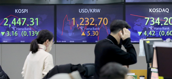 A screen in Hana Bank's trading room in central Seoul shows stock and foreign exchange markets open on Tuesday. [NEWS1]