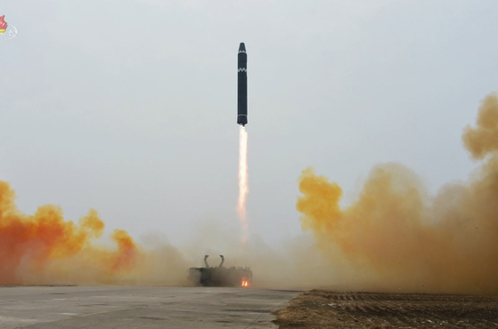 North Korea fires Hwasong-15 intercontinental ballistic missile at a lofted angle on Feb. 18. [KOREAN CENTRAL NEWS AGENCY]