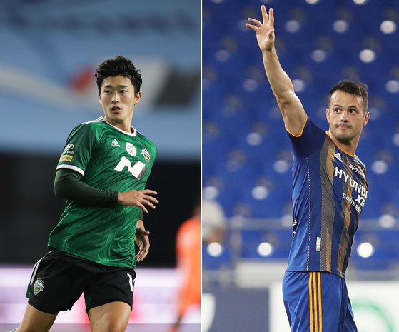 Cho Gue-sung of Jeonbuk Hyundai Motors , left, and Valeri Qazaishvili of Ulsan Hyundai  [YONHAP]