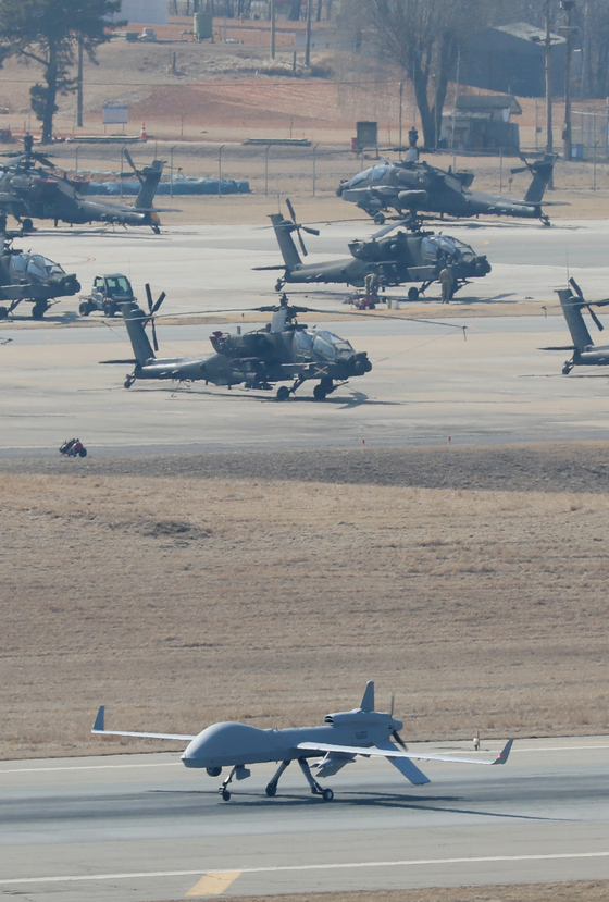 The MQ-1C Gray Eagle combat drone, known as a killer drone, readies for takeoff from Combined Forces Command's (CFC) Camp Humphreys in Pyeongtaek, Gyeonggi during a crisis management exercise held Monday ahead of the Freedom Shield (FS) exercise set to take place from March 13 to 23. [NEWS1]