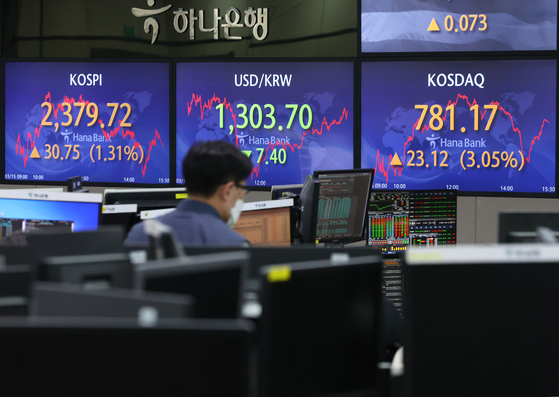 Electronic signboards at Hana Bank in central Seoul show Wednesday's market.[YONHAP]