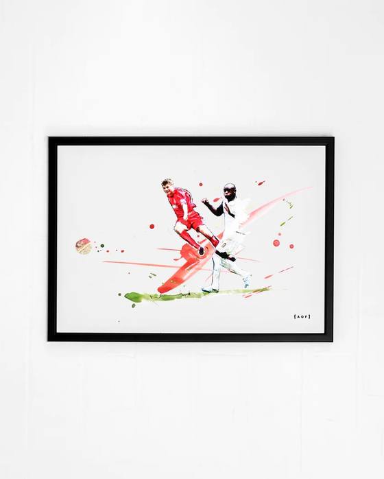 An illustration captures the moment Steven Gerrard beats Shaka Hislop in the 2006 FA Cup final.  [ART OF FOOTBALL]