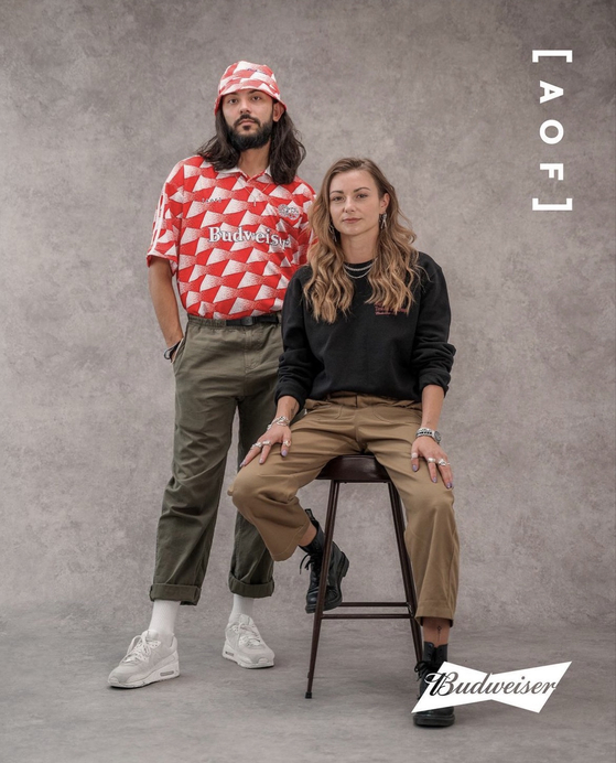 A football shirt and bucket hat designed in collaboration with Budweiser.  [ART OF FOOTBALL]