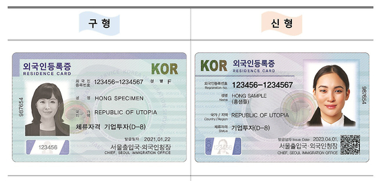 The new foreigner residence card (right) that will be issued starting Saturday and the current ID card (left). [MINISTRY OF JUSTICE]